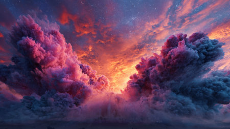 A breathtaking sunset showcases vibrant colors as clouds fill the sky, creating a dramatic scene above a calm horizon. The warm hues blend beautifully with the twilight.の素材