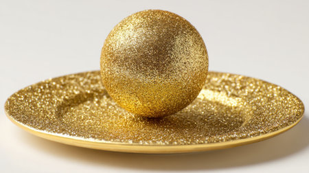 A golden sphere covered in glitter sits elegantly on a shimmering plate showcasing opulence.の素材