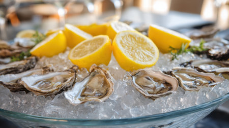 A plate of fresh oysters is presented on ice, garnished with lemon slices. This seafood delicacy is set in a vibrant restaurant during a sunny afternoon, enhancing the dining experience.の素材