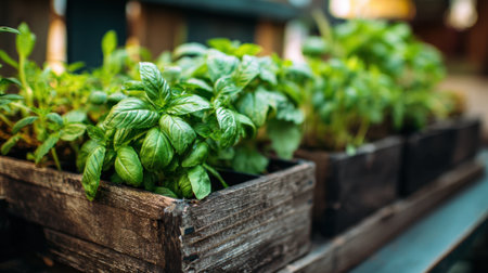 Lush green basil and other herbs thrive in rustic wooden planters. The urban garden setting is filled with tranquility, ideal for gardening enthusiasts.の素材