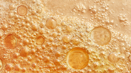 Bubbles are floating to the surface of a golden beverage, creating a lively texture. This close-up captures the refreshing quality and effervescence of the drink.の素材