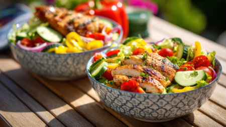 Two bowls of vibrant grilled chicken salad are arranged on a wooden table. Colors of red peppers, cucumbers, and greens create an inviting outdoor meal in bright sunlight.の素材