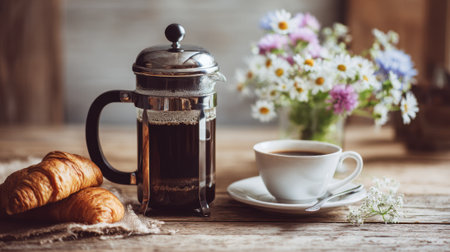 Warm croissants are placed beside a French press and a cup of coffee on a wooden table. Fresh flowers add a touch of color to the cozy atmosphere, perfect for enjoying breakfast.の素材