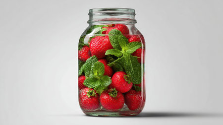 Bright red strawberries and fresh green mint leaves fill a clear glass jar, creating a colorful arrangement. This simple still life highlights fresh produce for summer recipes.の素材