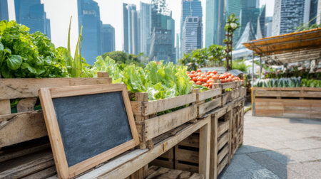 Bright green lettuce and vibrant tomatoes are arranged in wooden crates at a bustling outdoor market in an urban setting. The sun shines over the modern skyline.の素材