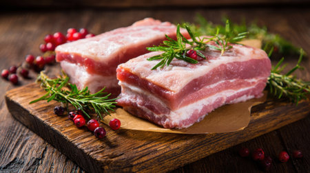 Raw pork belly is displayed on a wooden cutting board, garnished with fresh herbs and red berries, highlighting ingredients for a flavorful dish or recipe.の素材