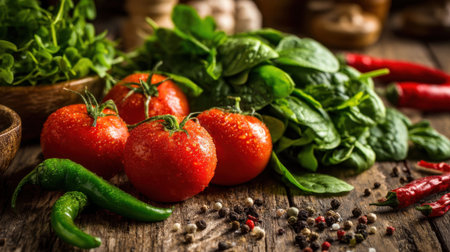 Bright red tomatoes, fresh green spinach, and chili peppers are artfully placed on a rustic wooden table, perfect for a healthy cooking session. The inviting colors enhance the kitchen ambiance.の素材
