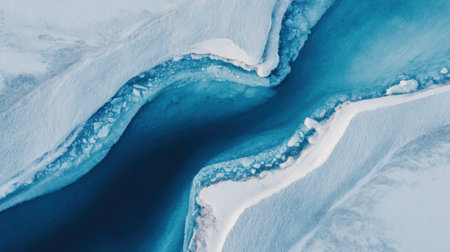 Winding dark blue river cuts through a blanket of white snow, showing the contrast between ice and water in a remote, cold winter landscape. The beauty of nature is on full display.の素材