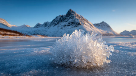 Unique ice crystal formations sit on a frozen lake with a stunning mountain range in the background, illuminated by soft morning light at dawn.の素材