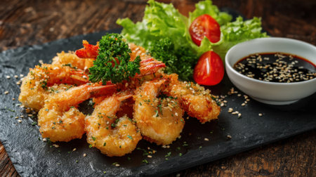Delicious crispy shrimp are arranged on a black slate plate, accompanied by a fresh salad of lettuce and cherry tomatoes, with a bowl of dipping sauce on the side.の素材