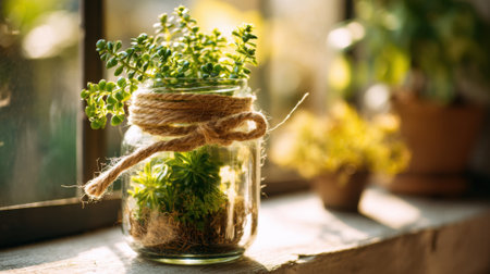 Sunlight pours through a window, illuminating a glass jar filled with vibrant green plants. The jar is tied with twine, resting on a wooden surface near other small plants.の素材
