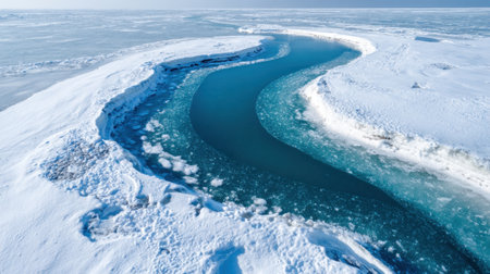 A scenic view of a winding river cutting through expansive snow and ice in a remote arctic region. The crystal-clear water contrasts beautifully with the white surroundings.の素材