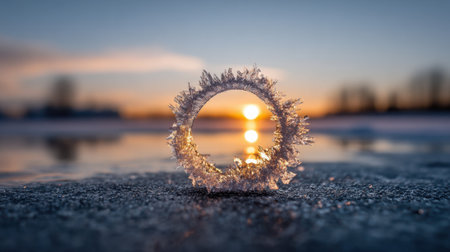 An intricate ice ring with frosty details rests on a frozen surface as the sun sets in the background, casting a warm glow over the serene winter landscape.の素材