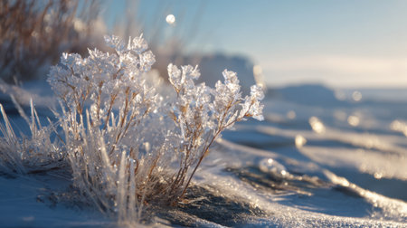 Delicate plants covered in frost sparkle in the soft winter sunlight. The scene captures a tranquil moment in a frozen landscape, revealing nature's beauty at dawn.の素材