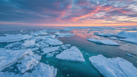A breathtaking view of floating icebergs and calm ocean waters at sunset in the Arctic. The vibrant colors of the sky reflect softly on the icy surface, creating a serene atmosphere.の素材