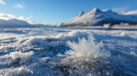 A delicate snowflake sits on a frozen surface, with stunning snow-covered mountains and a clear blue sky behind it. The scene captures the beauty of winter.の素材