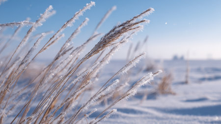 Tall grass with frosty tips stands against a clear blue sky in a serene winter setting. The scene captures the beauty of nature in the cold season, highlighting intricate ice crystals.の素材
