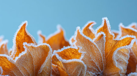 Bright orange leaves take on a frosty appearance, showing intricate patterns and textures as the cold winter air envelops them. This scene captures nature's stunning artistry.の素材