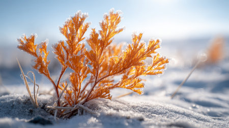 A vibrant orange plant emerges from the snow, glistening with frost under bright sunlight. The scene captures the beauty of winter and nature's resilience in cold conditions.の素材