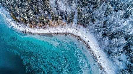 A captivating winter scene features a snowy shoreline beside clear blue water. Evergreen trees line the area, creating a peaceful and tranquil atmosphere in nature.の素材