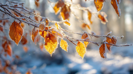 Frosty orange leaves hang delicately on branches in a serene winter forest, illuminated by soft morning sunlight, creating a peaceful winter scene.の素材