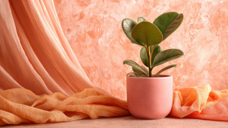 A stylish potted plant stands gracefully on a surface, showing its round, glossy leaves. It rests against a soft pastel backdrop with flowing fabric, creating a serene indoor scene.の素材
