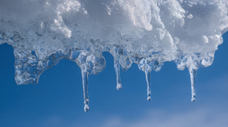 Clear icicles hang from a snowy ledge, glistening in the sunlight. The deep blue sky creates a stunning backdrop for this winter scene, showing nature's beauty.の素材