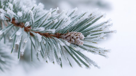 Close view of a pine branch covered in frost with a small pine cone nestled among the icy needles. The scene captures a serene winter atmosphere.の素材