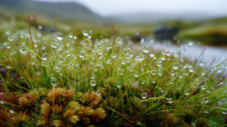Dewdrops decorate vibrant green moss, reflecting light in a peaceful setting after a rain shower. A gentle stream flows nearby, creating a serene environment.の素材