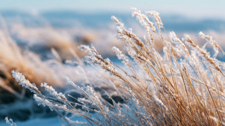 Frost blankets the tall grass in a serene winter landscape, creating a beautiful contrast against the blue sky and hinting at the chill in the air.の素材