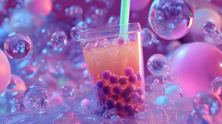 A clear cup of bubble tea is filled with colorful beads and liquid, surrounded by sparkling bubbles and playful pastel spheres, creating a lively and cheerful scene.の素材