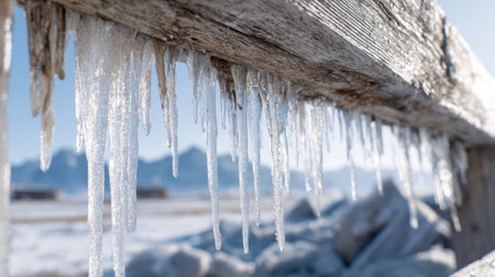 Long, sharp icicles form beneath a rustic wooden fence in a snowy scene. The background features distant mountains under a clear blue sky, marking a cold winter day.の素材