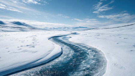 A river curves gently through a vast, snow-covered landscape. The scene is serene with bright blue water contrasting against the white snow.の素材
