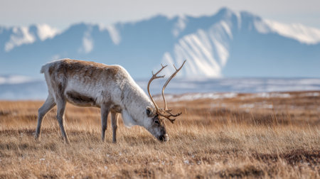 A reindeer is grazing on the grass in a vast, open field surrounded by stunning snow-capped mountains. The sky is bright and clear, indicating a calm spring day.の素材