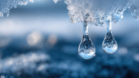 Water droplets fall from melting icicles, creating a peaceful scene against a blurred blue backdrop. This moment captures the transition from winter to spring in nature.の素材