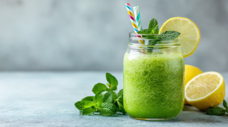 A vibrant green smoothie made with fresh mint and lemon sits in a jar beside sliced lemons. Colorful straws add a playful touch to this healthy beverage on a cool kitchen surface.の素材