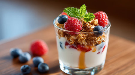 This delightful yogurt parfait features layers of creamy yogurt, granola, and fresh raspberries and blueberries. Topped with a mint leaf, it looks inviting and fresh, perfect for breakfast or dessert.の素材