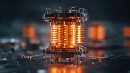 A futuristic device emits bright orange light, surrounded by intricate metal and circuit patterns. This high-tech scene captures innovation and creativity in a dark setting.の素材