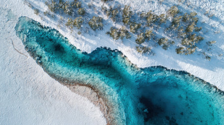 A tranquil winter scene showcases stunning turquoise water surrounded by icy snow and frosty trees, capturing the beauty of nature in a remote area.の素材