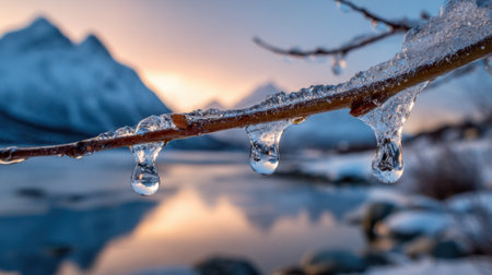Icicles form on a tree branch over a calm lake, reflecting the colorful sunset. Snow covers the ground while mountains rise in the background, creating a peaceful winter scene.の素材