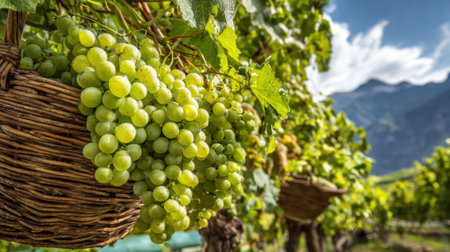Lush green grapes grow on vine branches in a vineyard. The scene features woven baskets filled with grapes against a backdrop of mountains and a clear blue sky, showcasing a peaceful harvest time.の素材