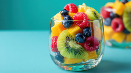 A glass bowl filled with a mix of fresh kiwi, blueberry, raspberry, mango, and other colorful fruits sits on a bright blue surface. Perfect for a summer party or healthy snack.の素材