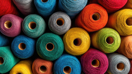 An array of vibrant spools of thread showcases various colors and materials, inviting crafters to select their favorites for sewing projects and embroidery at a local craft store.の素材