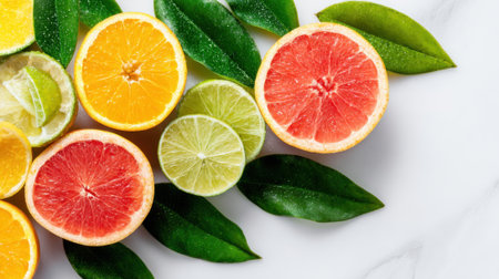Colorful citrus fruits including oranges, grapefruits, and limes are cut in half and arranged on a marble surface with fresh green leaves, showing their juicy and vibrant interiors.の素材