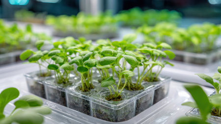 Small green seedlings flourish in individually cupped trays inside a well-lit greenhouse. The plants thrive under controlled indoor conditions, showing vibrant growth.の素材