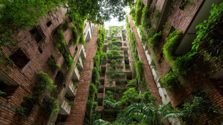 Bright green plants climb the red brick walls of a modern apartment building. Sunlight filters through the foliage, illuminating the serene urban courtyard filled with nature.の素材