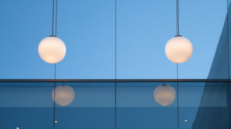 Two round pendant lights are suspended from a ceiling against a bright blue sky. The lights cast reflections on a sleek glass wall, creating a clean and modern aesthetic.の素材