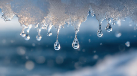 Water droplets are slowly falling from melting ice, creating a peaceful scene by the ocean. The gentle waves reflect soft colors from the setting sun, enhancing the natural beauty.の素材