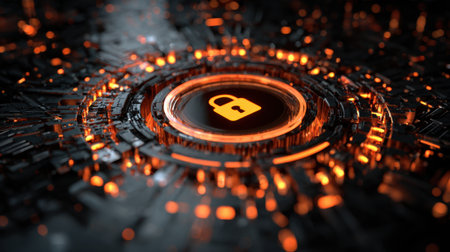 Bright orange circuitry forms a dynamic background around a glowing digital lock icon, symbolizing security and protection in technology. This scene evokes a high-tech environment.の素材