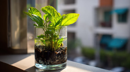 A vibrant green plant thrives in a clear glass container filled with soil and water, sitting on a sunlit windowsill of an urban apartment. Sunlight reflects off the leaves.の素材